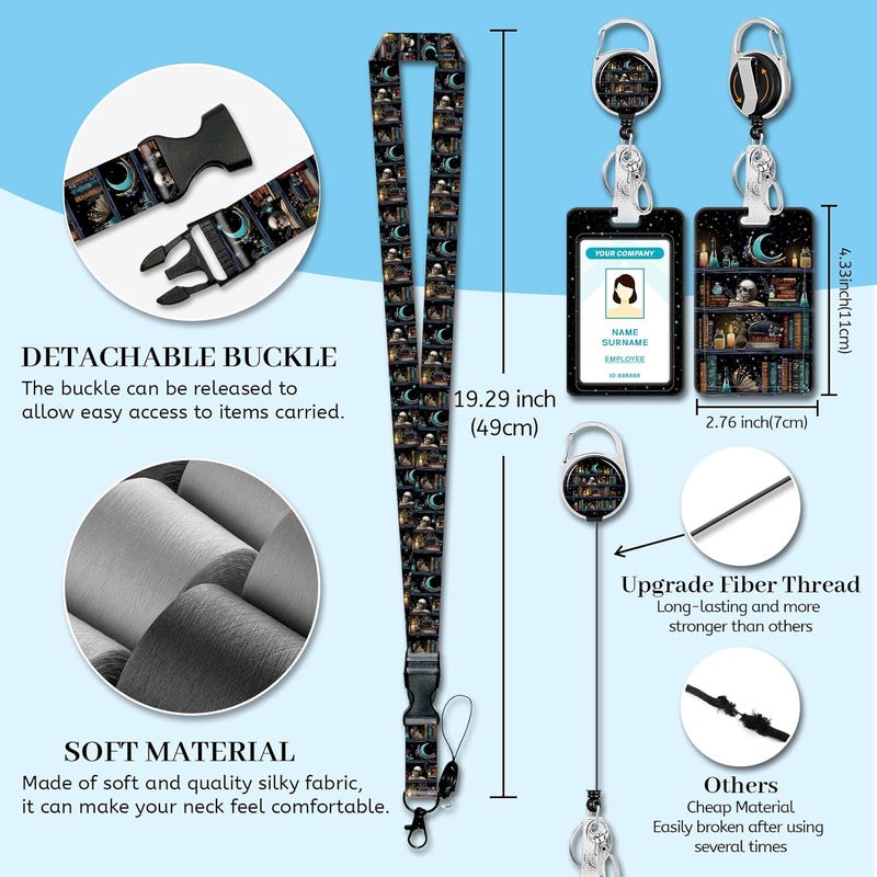 Hancynir Skull Black Cat Bookshelf Lanyards for Id Badges, Funny Cute Badge Holder with Retractable Reel Clip, Work Name Tags Keychain Lanyard with ID Holder, Card Protector for Women Men Office Gifts - Image 4